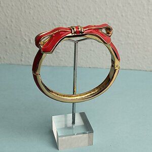 RIBBON BOW Enamel Shape Hinged Bangle Bracelet Vibrant Red Gold Plated